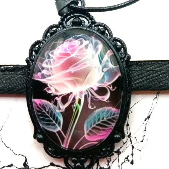 Gothic Cameo Choker Pink Rose Necklace with Chain New - Picture 3 of 10